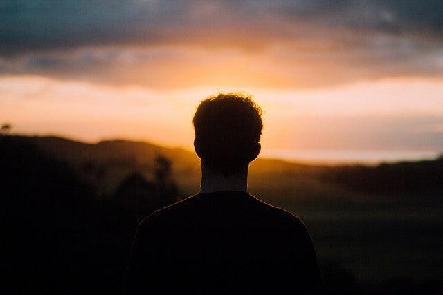 hombre mirando el horizonte en un bello atardecer