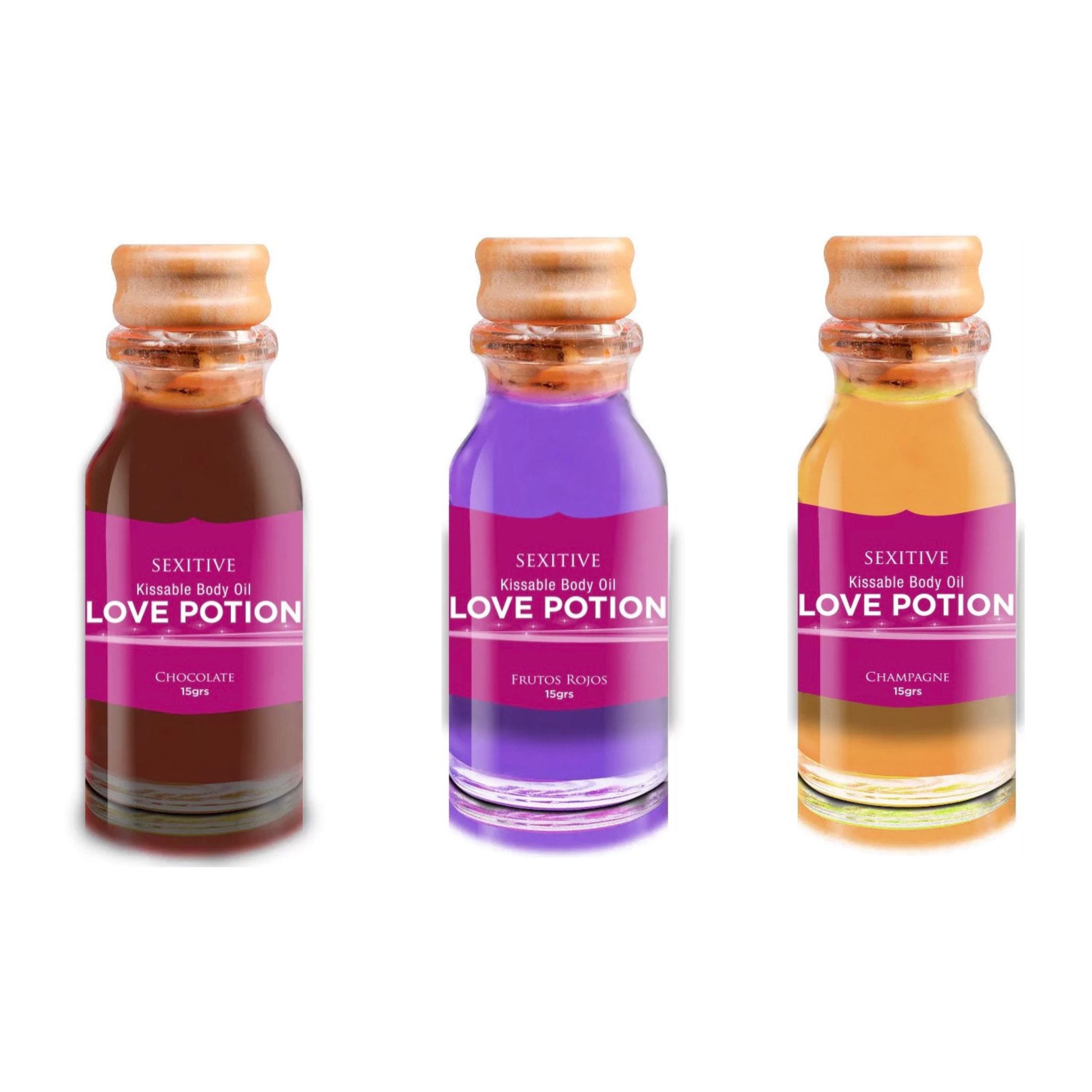 Aceites para masajes comestibles Love Potion, chocolate, frutos rojos & champagne