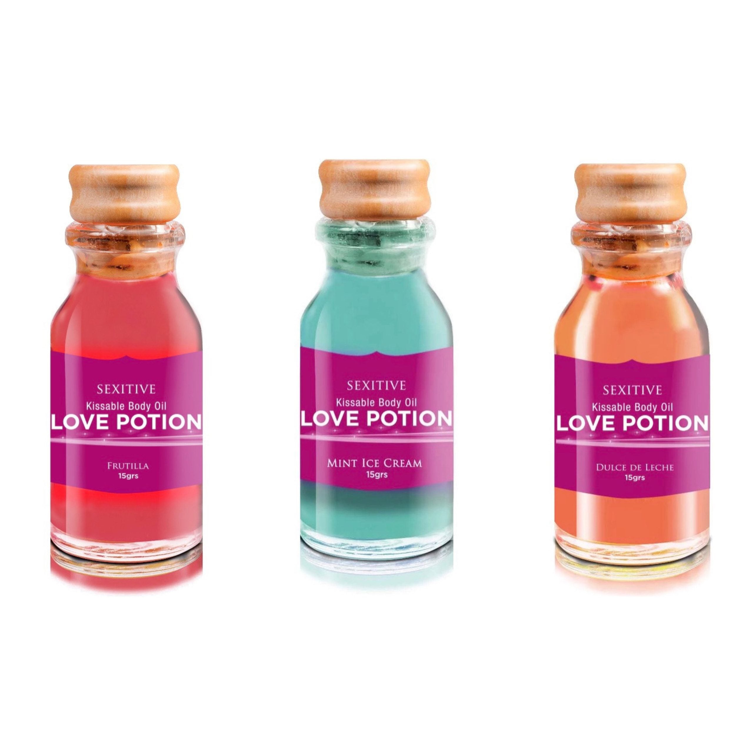 Aceites para masajes comestibles Love Potion frutilla, menta & dulce de leche