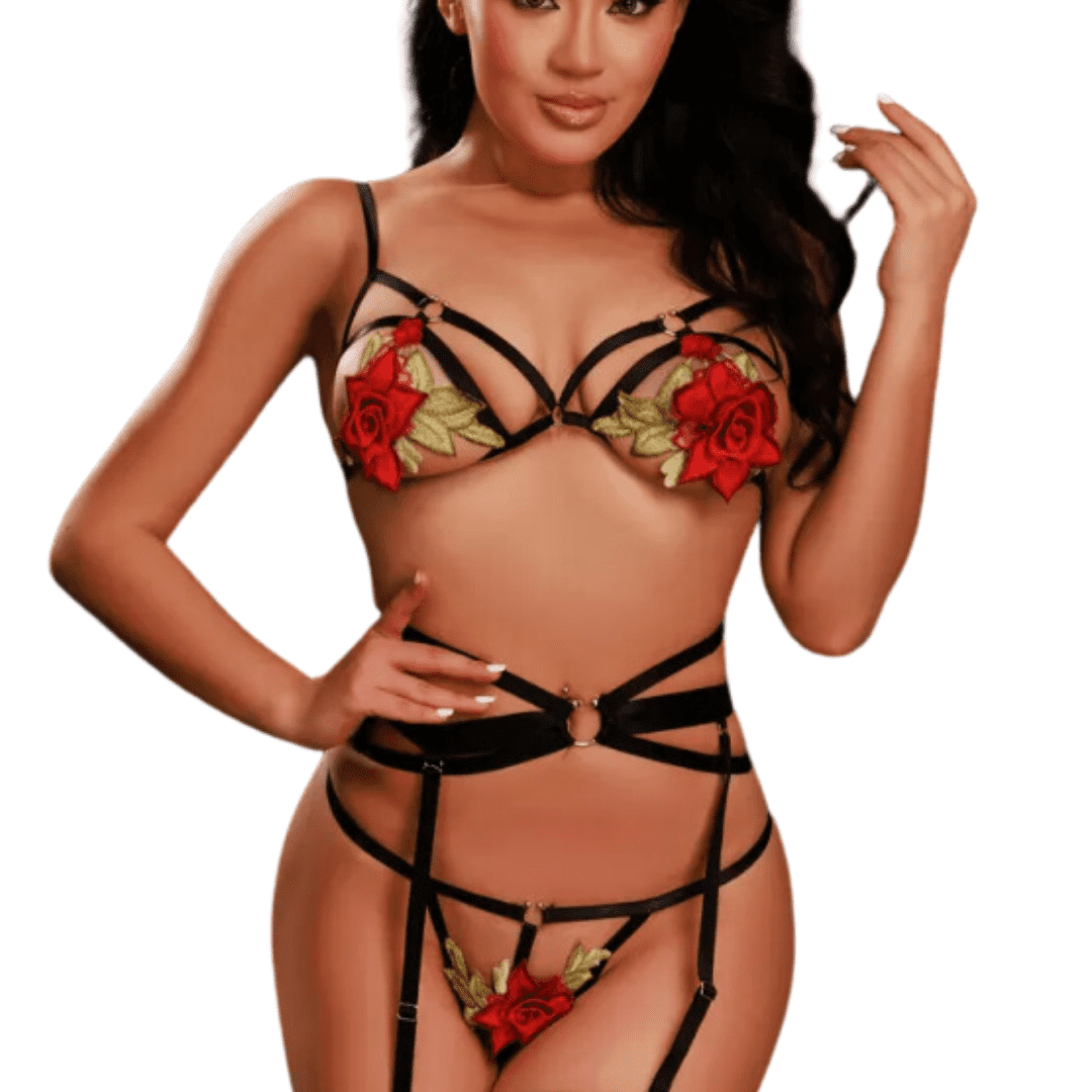 Conjunto de encaje de rosas con portaliga